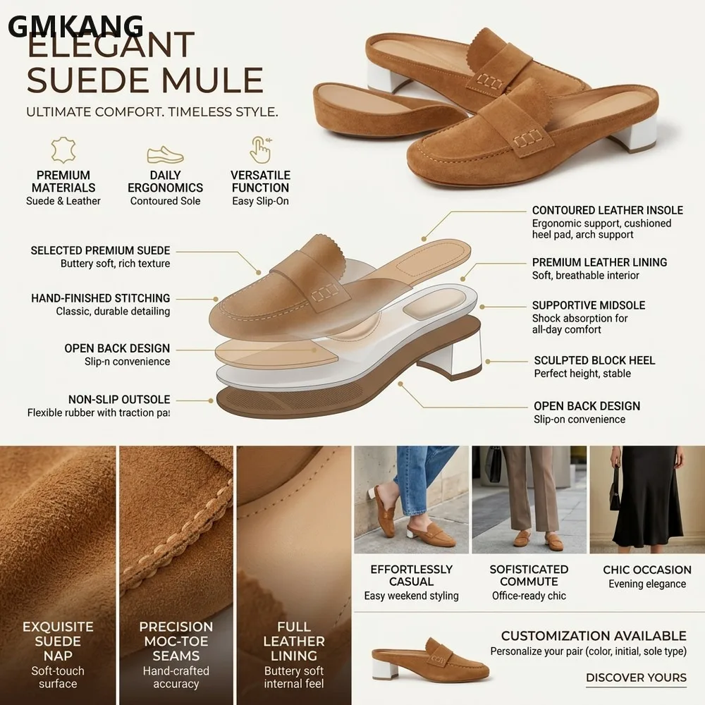 Women Slip On Mule Loafers Block Mid Heel Backless Moccasins Stitch Detail Office Work Daily Casual Walking Ladies