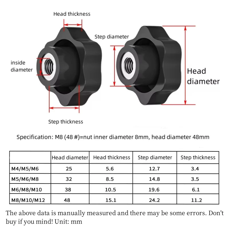 Plum Hand Tighten Nuts 6 Star Through Hole/blind Hole Clamping Knob Black/white Plastic Thumb Nuts Screw-on Handle M8 M10 M12