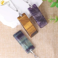 Natural Stone Rectangle Pendants Necklace for Man Pillar Crystal Fluorite Amethyst Tiger Eye Stainless Steel Chain Necklace H225