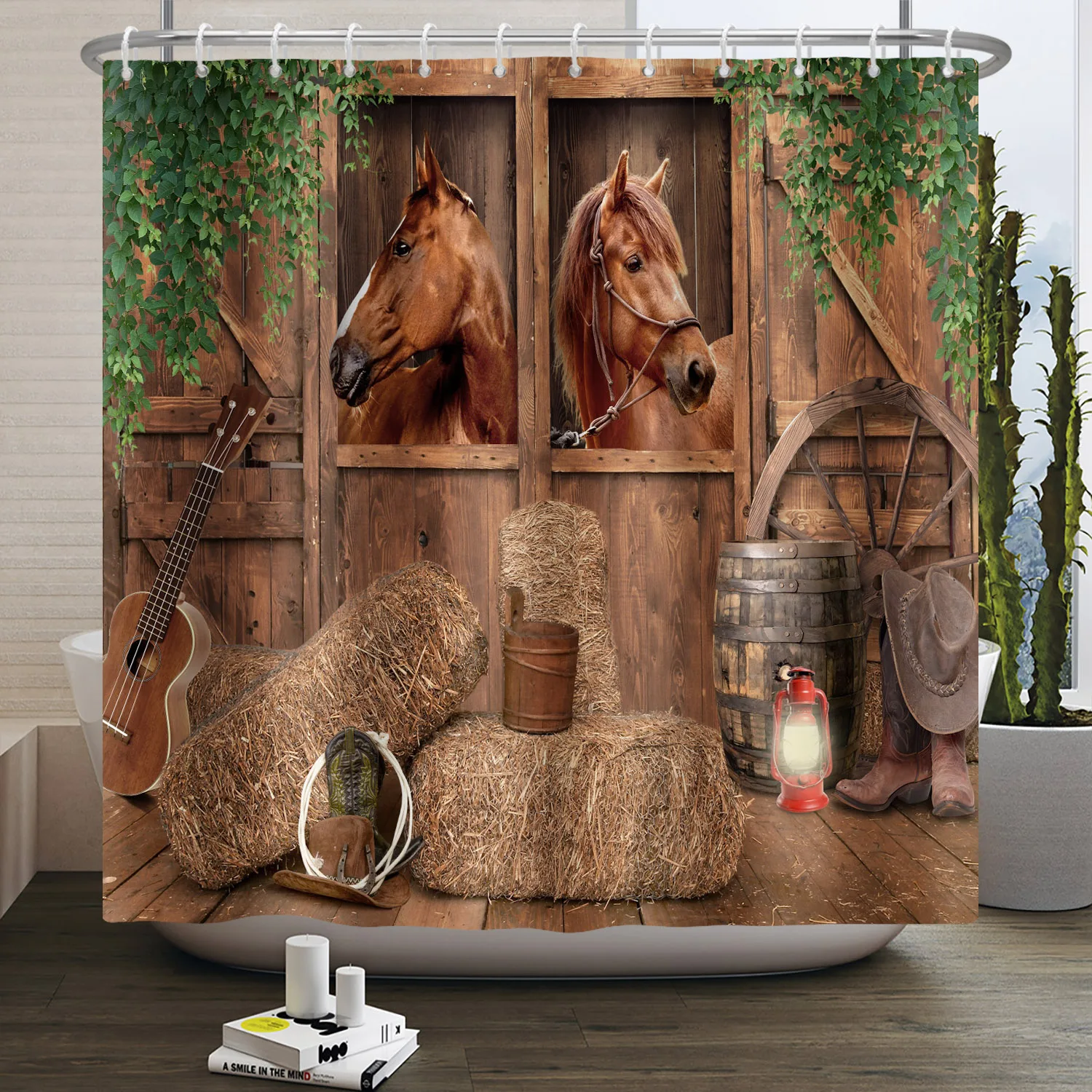 Rustic Stable Horse Wood Panel Eclectic Shower Curtain Bohemian style Fall Barn Haystack Farm Bathroom Waterproof Shower Curtain