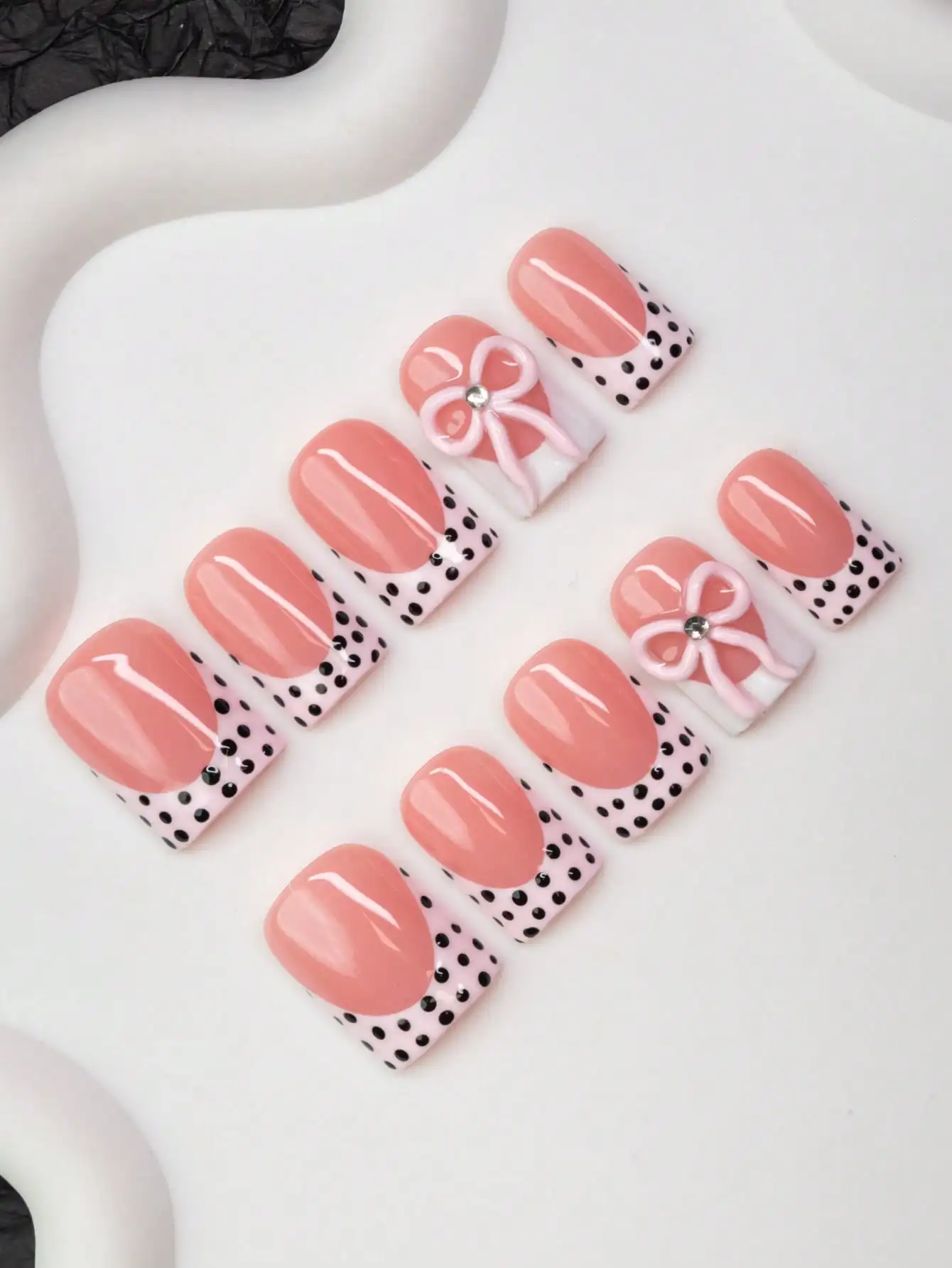 

10pcs Square Shaped Handmade Nail Tips, Y2K Girly Style, Nude, Pink, White Nail Plates With French Tips, Polka Dots, Bow Element