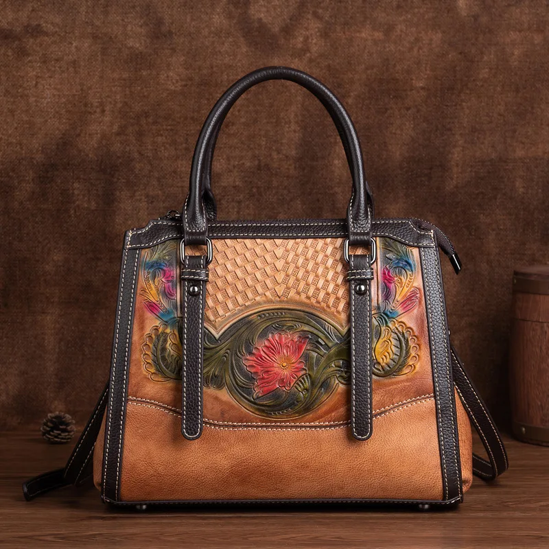 Johnature Vintage Women Bag 2024 New Genuine Leather Handmade Embossed Handbag Nature Cowhide Versatile Shoulder Messenger Bags