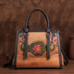 Borsa da donna vintage Johnature 2024 nuova borsa in rilievo fatta a mano in vera pelle borse a tracolla versatili in pelle bovina naturale