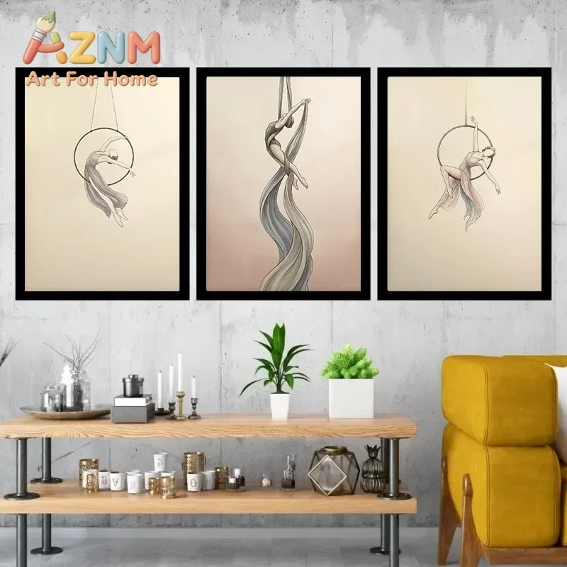 AZNM Aerial Dancer Canvas Wall Art Elegant Aerial Hoop Silk Dance Sketch Art Print Unframed Canvas Poster for Home Decor