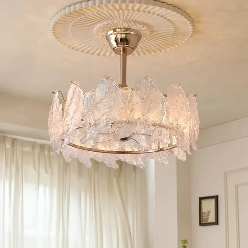 French Light Luxury Glass Ceiling Fan Light Cream Retro Style for Dining Room Living Room Bedroom Study Premium Shaking Fan