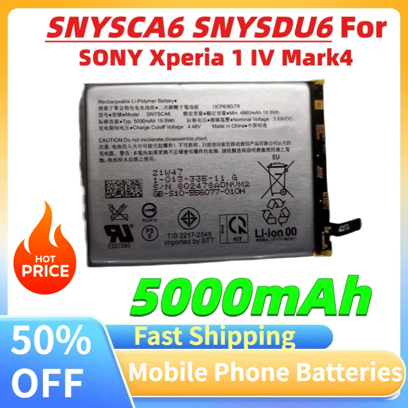 Newly Upgraded 5000mAh SNYSCA6 SNYSDU6 Mobile Phone Batteries for SONY Xperia 1 IV Mark4 Rechargeable Lithium-Ion Battery