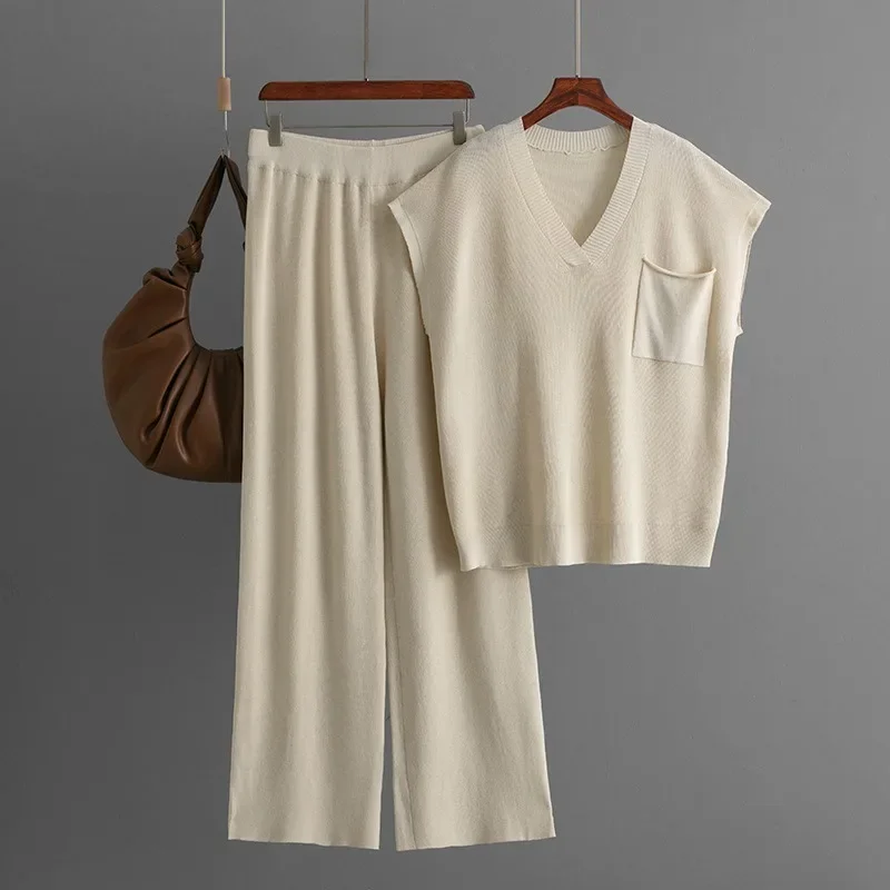 

Casual Loose Knit Pants Suit Women Summer Suit New Solid V-neck SLeeveless Knitted Tops Casual Pants 2-piece Sets Women Clothing