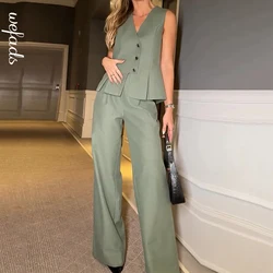 Wefads Two Piece Set Women Summer Office Chic Solid V Neck Sleeveless Backless Single Breasted Button Vest Top Loose Pants Sets