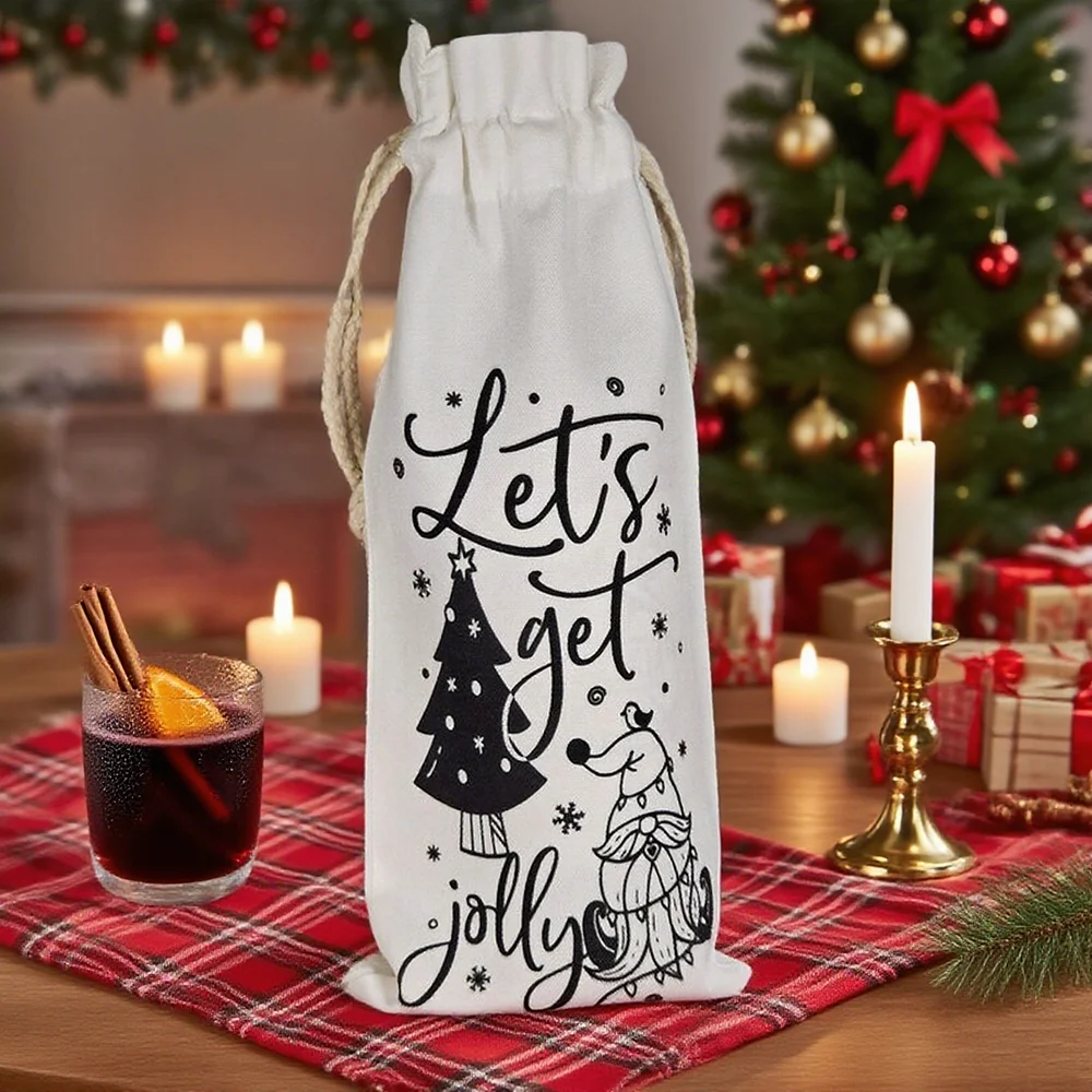 

Let's Get Jolly Wine Tote Christmas Wine Bag Santa Sack Gnome Christmas Tree Drawstring Bottle Bag Gift Party Table Decoration
