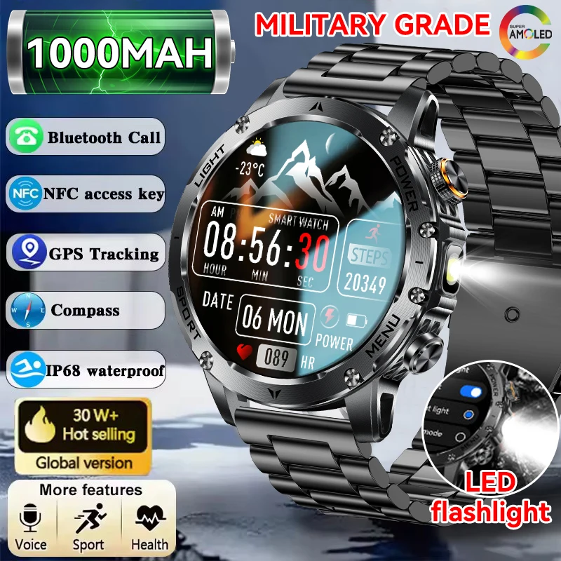 

New Military Grade 1000mAh Battery Smartwatch GPS 3ATM Waterproof NFC Voice Bluetooth Call Men 1.7-inch AMOLED Sport Smart Watch