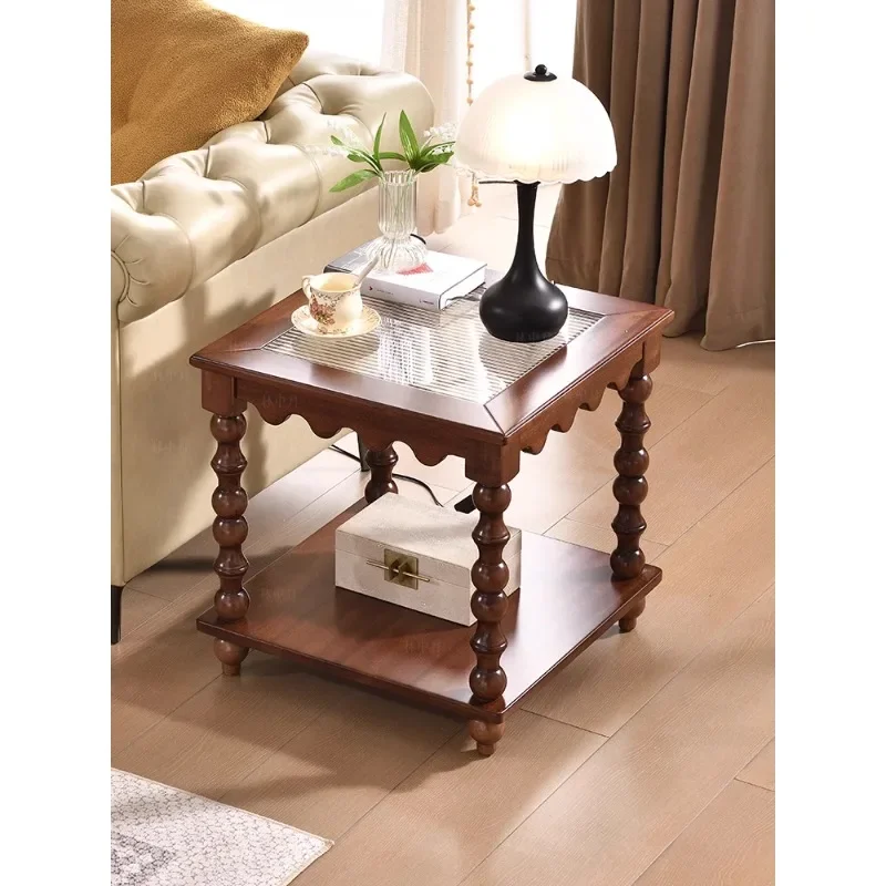 Medieval solid wood square few living roomhousehold French retro rectangular glass edge few sofa double-layer storage corner few