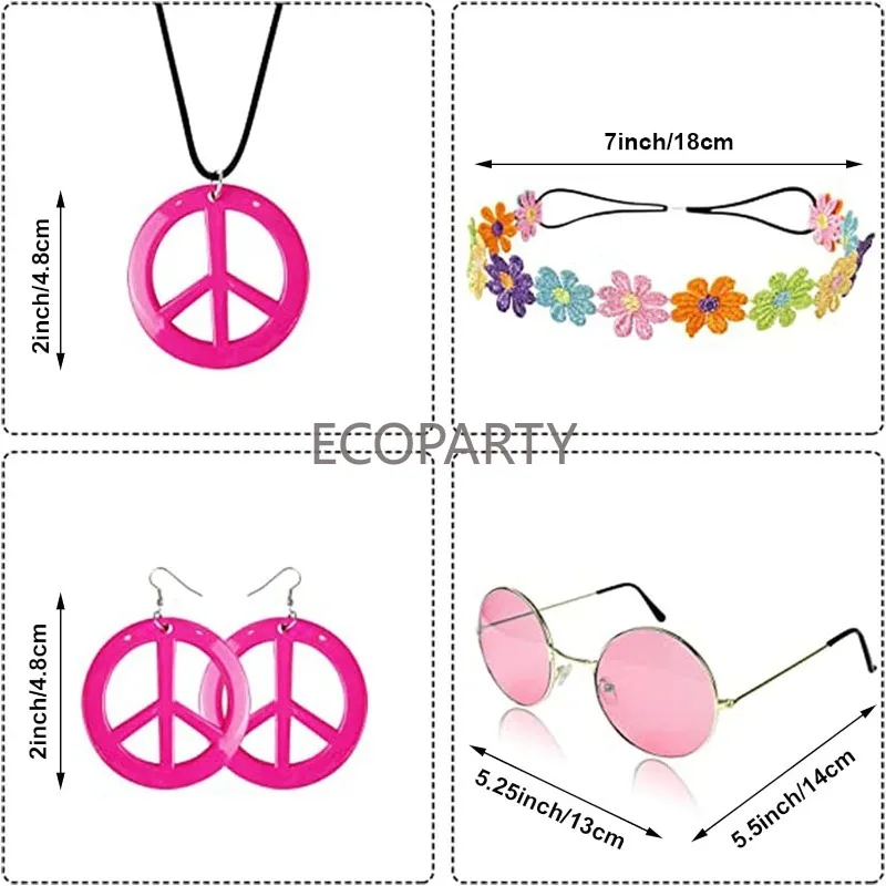 Ecoparty ชุดผู้หญิงฮิปปี้สร้อยคอสัญลักษณ์สันติภาพและต่างหู, แถบคาดศีรษะและแว่นกันแดด60S 70s เครื่องประดับปาร์ตี้ Groovy