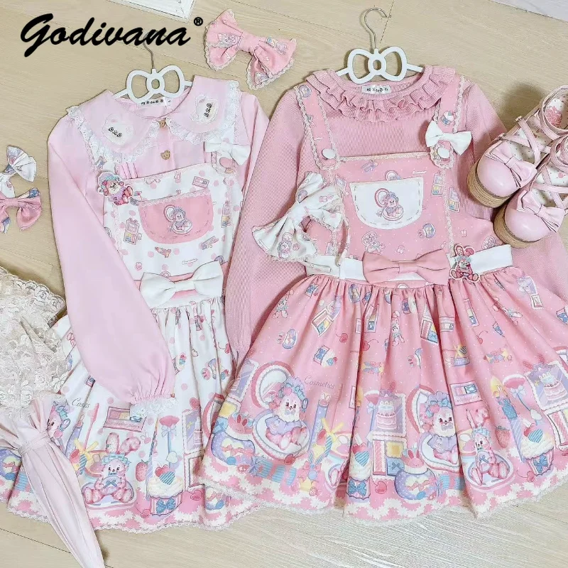 

Платье JSK в стиле Sweet Lolita для девочек, милое, с бантом, весенне-летнее, женское, с мультяшным принтом, на бретельках, с коротким рукавом, OP-платье