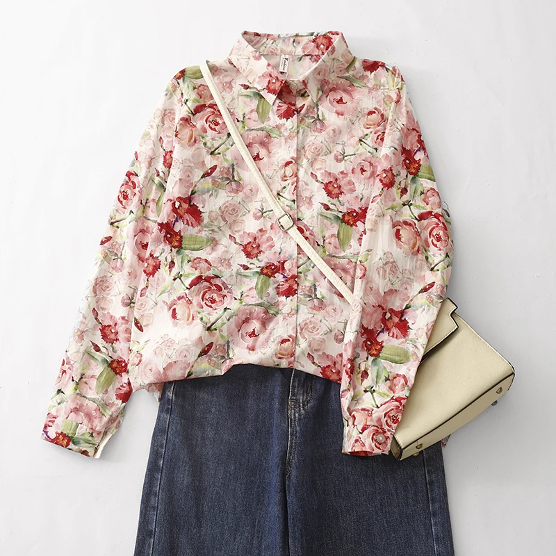 

Autumn Floral Print irt Women's Thin Hemp Material Casual Top Vintage Sle Long Sve Collar Regular Length Blouse