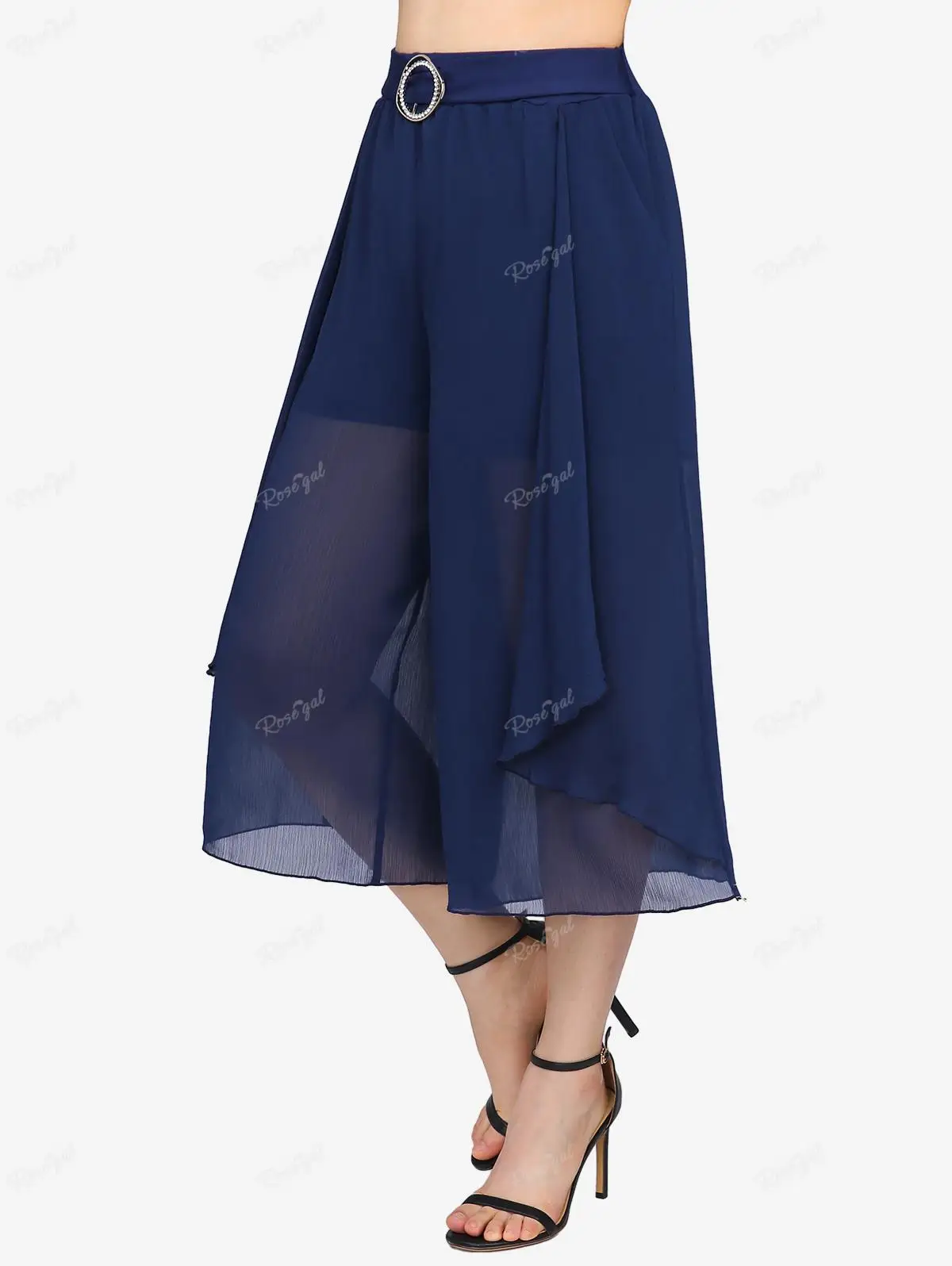 ROSEGAL Plus Size Deep Blue Chiffon Wide Leg Pants Women Loose Casual Textured Layered Ruffles Pockets Culottes Pants Mujer