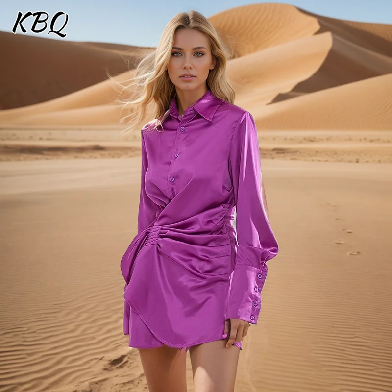 

KBQ Solid Minimalist Casual Dresses For Women Lapel Long Sleeve High Waist Spliced Folds Slimming Dress Female Fashion Style New