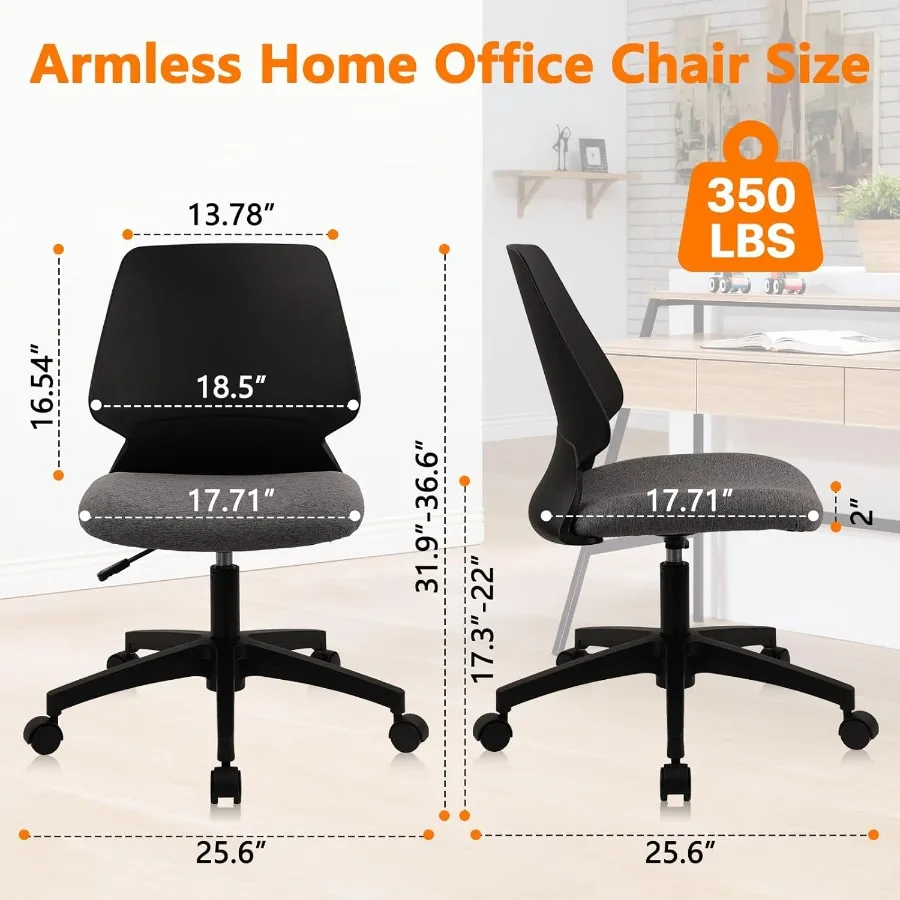 Armless Home Office Chair Ergonomic Small Desk Chair with Wheels and Soft Thick Upholstered Cushion Comfy Adjustable Height Swi