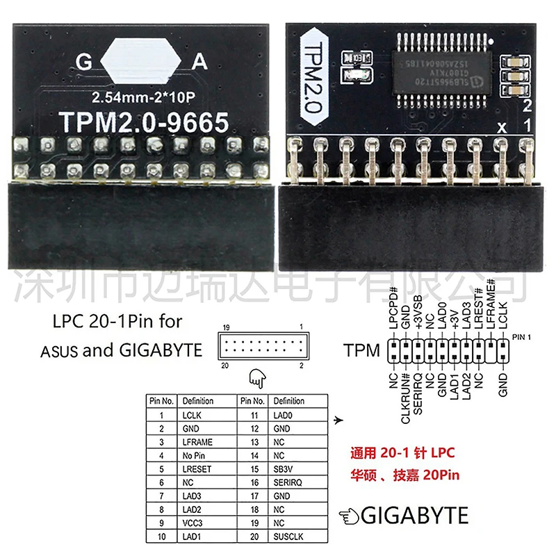 TPM 2.0 Encrypted Security Module Board LPC 20 Pin Mainboard Card TPM2.0 Module For  Gigabyte Motherboard For Windows11
