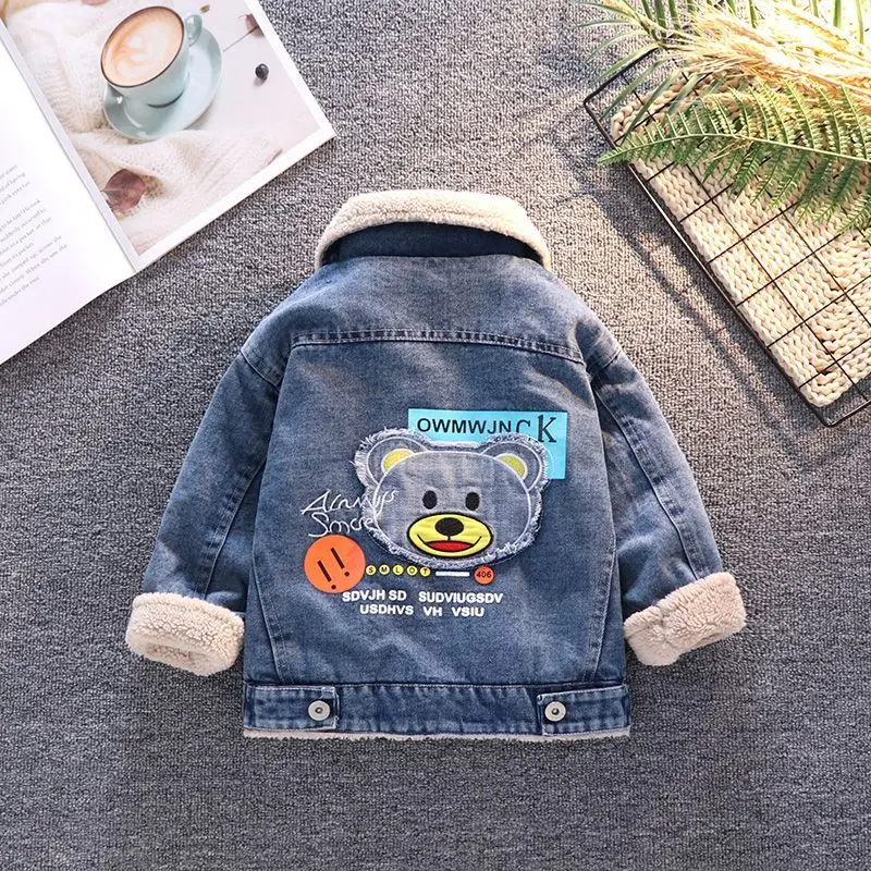 Boys Jacket Autumn and Winter New Children\'s Baby Plush Thickened Denim Coat Children\'s Clothing Kids Winter Coats