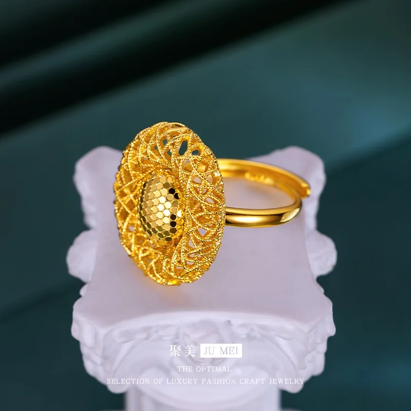 

9999 Seiko Lace Oval Fish Scale Ring 24K Real Gold Fashionable and Versatile Temperament Dove Egg Ring Women's Palace Style