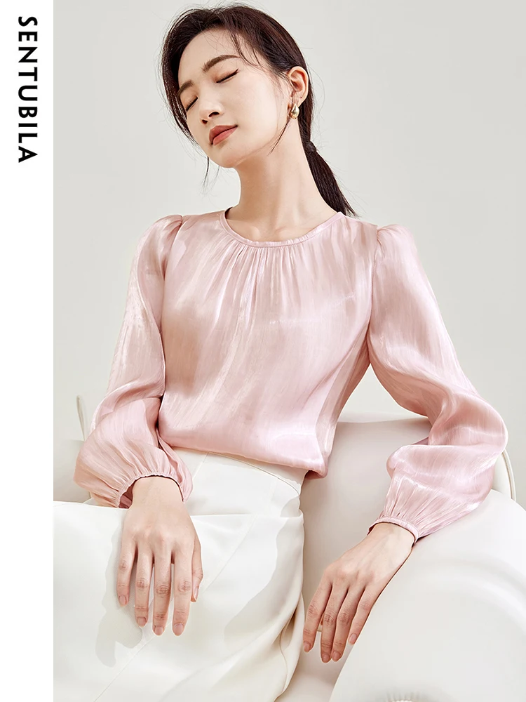 SENTUBILA Crinkled Sheen Pink Blouses for Women 2024 Spring New Fashion Womans Clothing Long Sleeve Chiffon Tops Shirts & Blouse