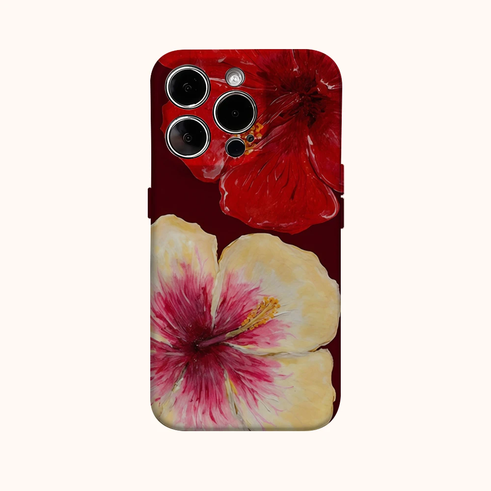 HIBISCUS زهرة جراب هاتف آيفون 16 15 14 13 12 11 X XS XR XSMAX 7 8 Pro Max Plus طبقة مزدوجة الغطاء الخلفي