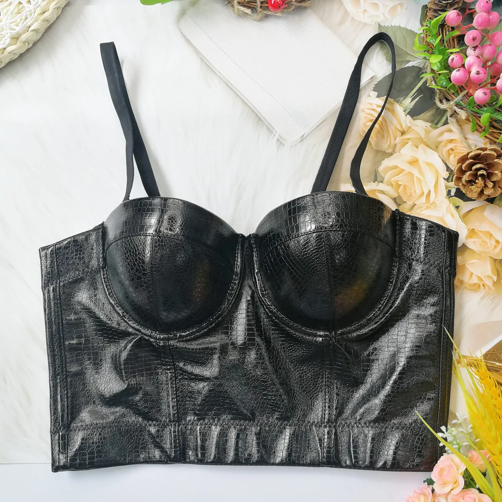 Crocodile pattern bustier bra embossed PU leather camisole women summer outer wear sexy Crop top corset backless nightclub tanks