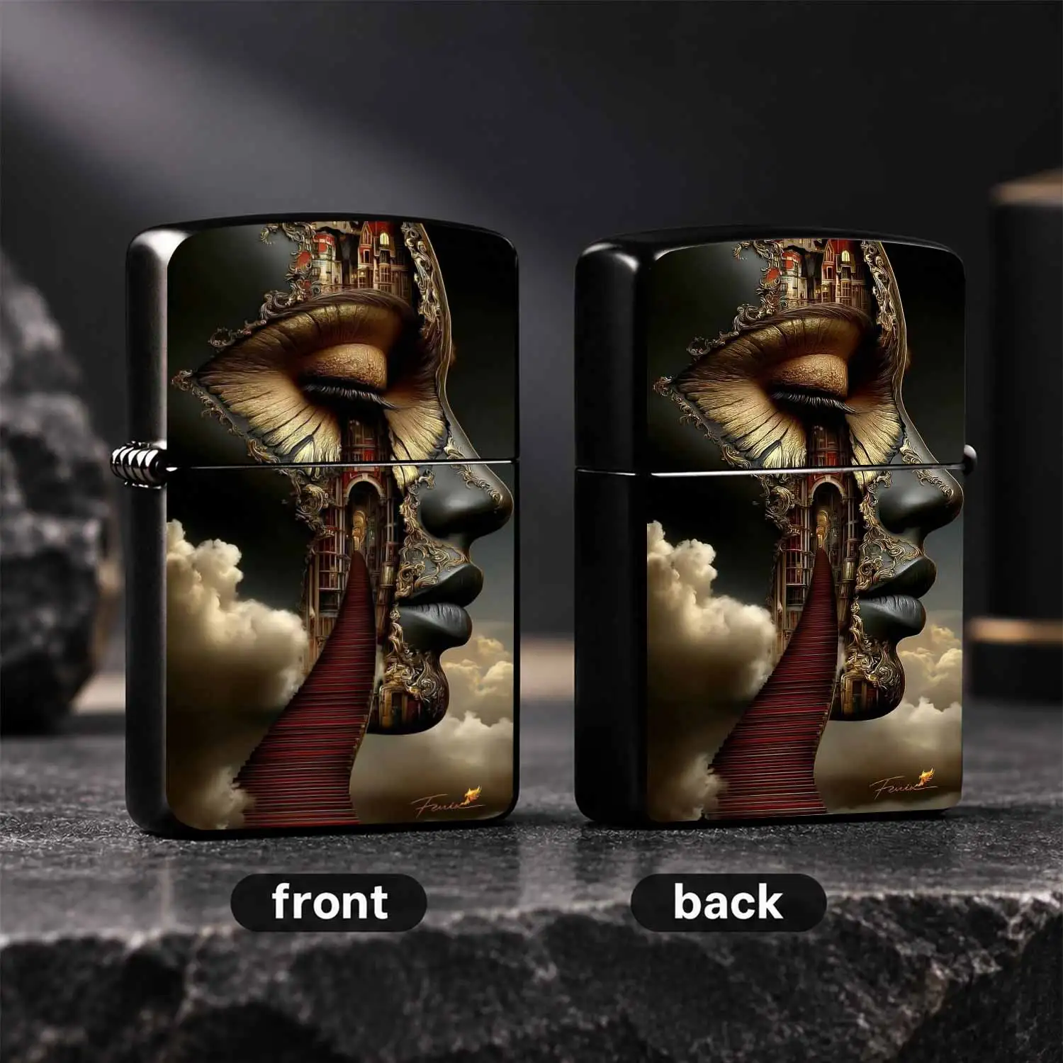 Surreal Gilded Fantasy Art Lighter, Creative Design Blending Human Face, Architecture And Red Staircase Pattern, Exquisite Textured Personalized Portable Item, Suitable For All Daily Scenarios, Ideal Choice For Gifting And Personal Use With