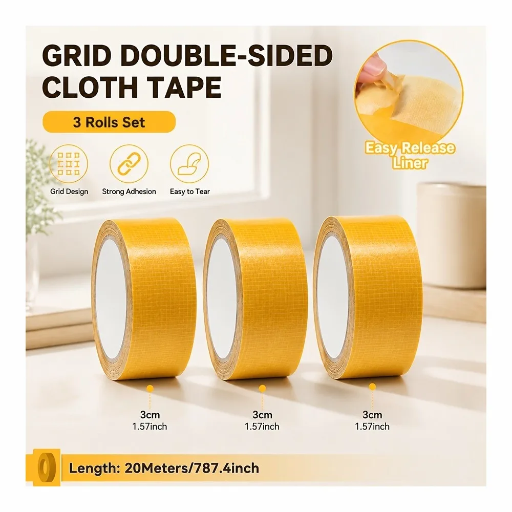 3 Rolls Yellow Mesh Double-Sided Cloth Tape, 3cm/1.18in x 20m, Strong Adhesive, Easy Tear, for Carpet Fixing, Hemming