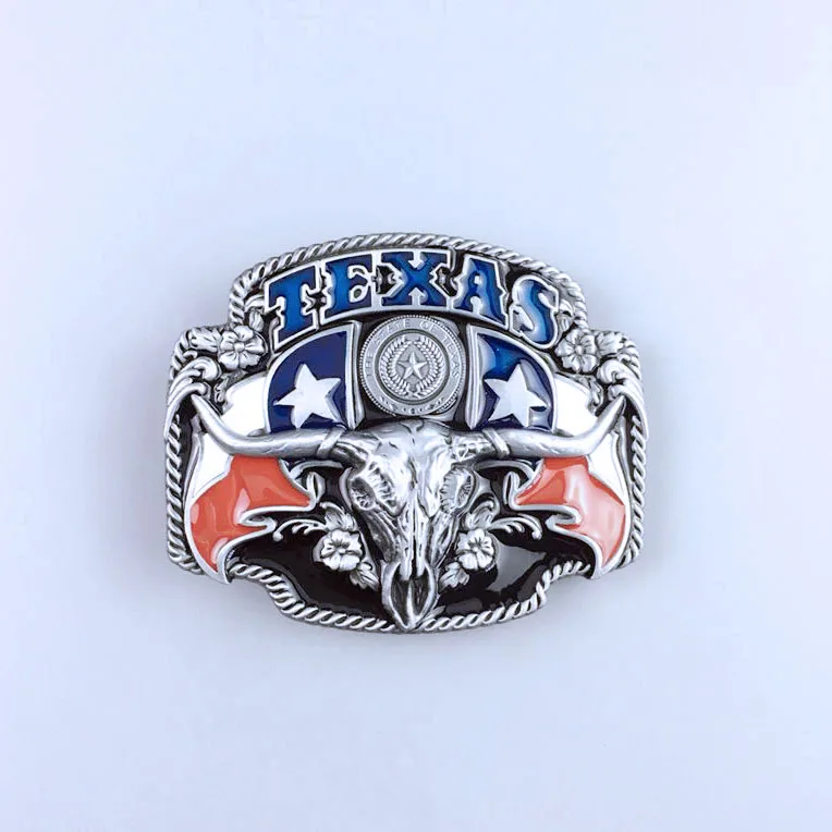 Antique Silver Black Enamel Longhorn State Flags Western Belt Buckle BUCKLE-WT100BK
