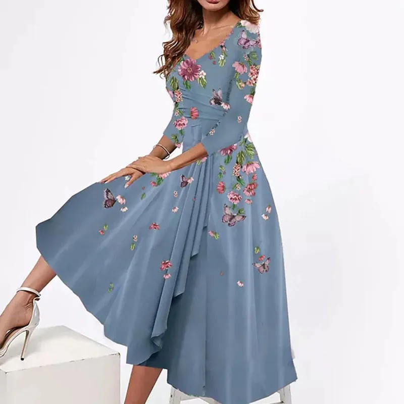 Autumn Sexy V-neck Loose Print 3/4 Sleeve Midi Dresses Fopr Women Elegant Tunic Floral Print Sexy Evening Party Dress Vestidos