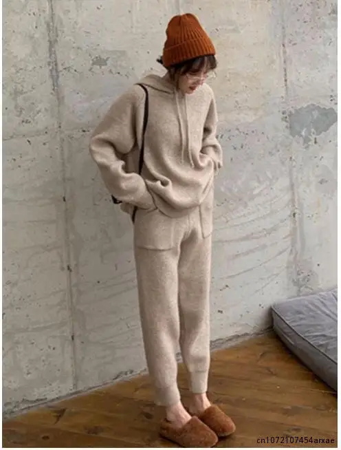 Fashion Knitted Suit 2023 Women Autumn Winter New Loose Hooded Sweatershirt + Long Pants Two-piece Set Korean Style Women Suits