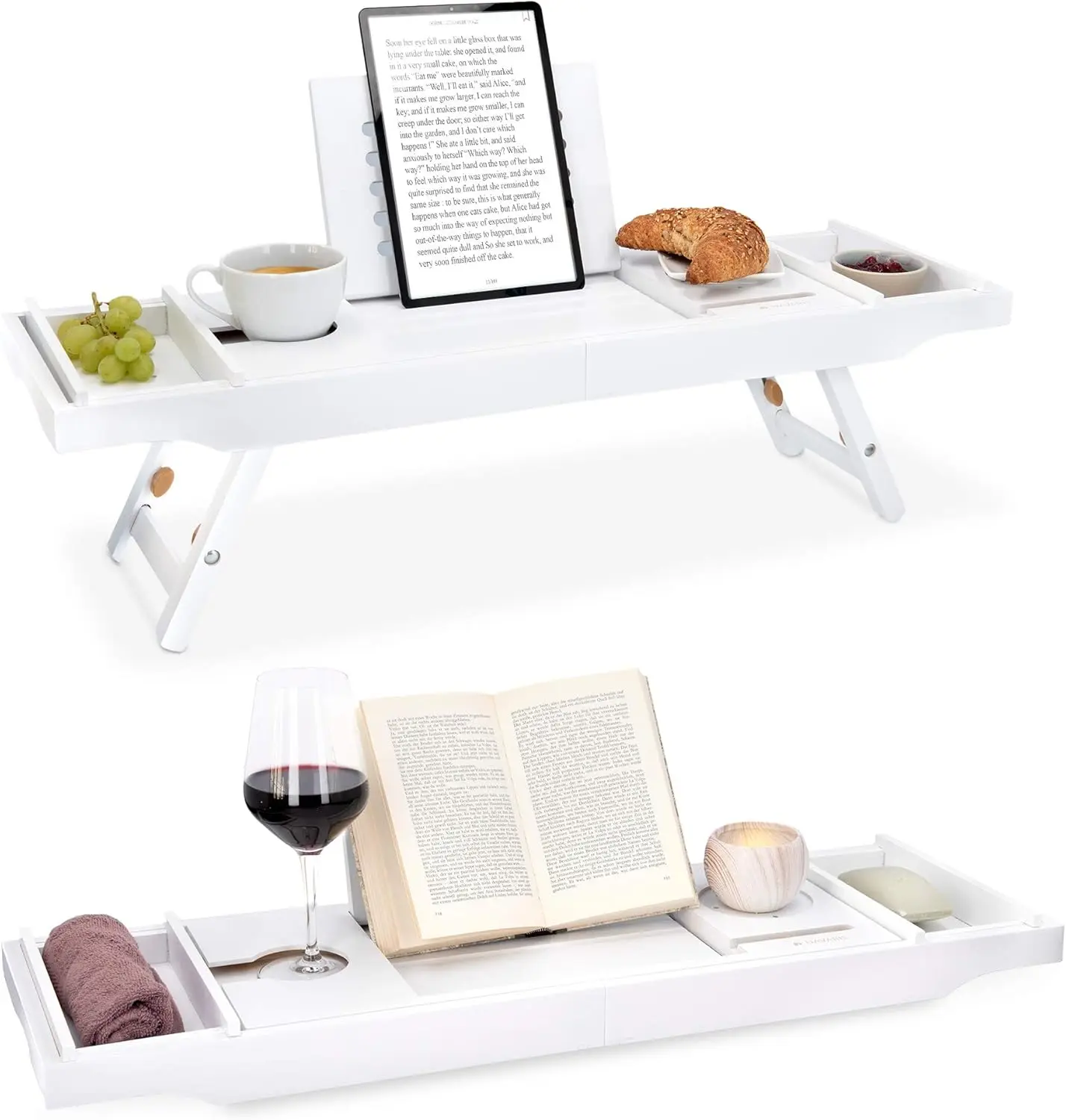 

Bed And Bath Tray - Wooden Ra With Folding Legs - Bamboo Bathtub Caddy Bridge Shelf With Book Or Tablet Stand - White