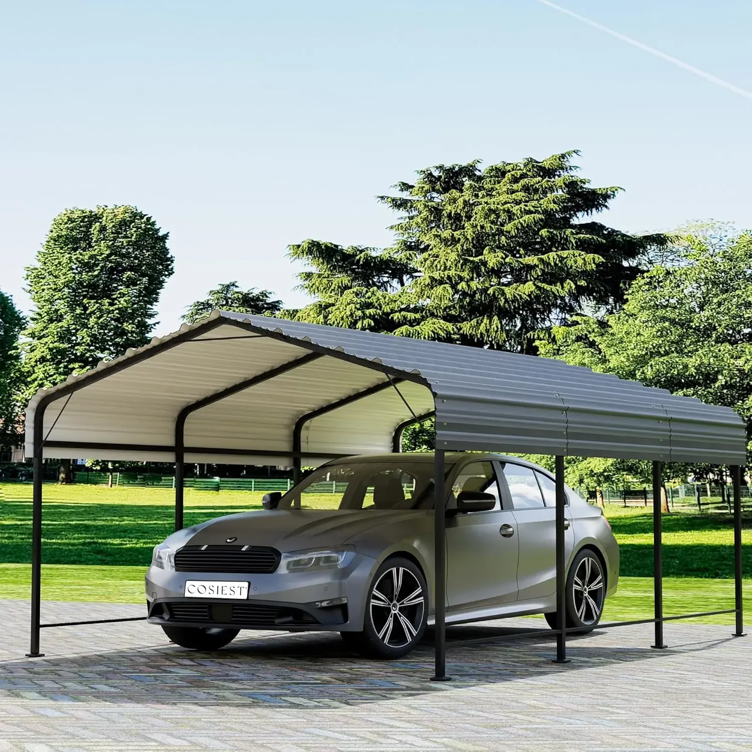 Cosiest 10'X15' Carport With Galvanized Steel Roof, Heavy Duty Metal Carport Canopy, Outdoor Garage Car Shelter Shade For Car,