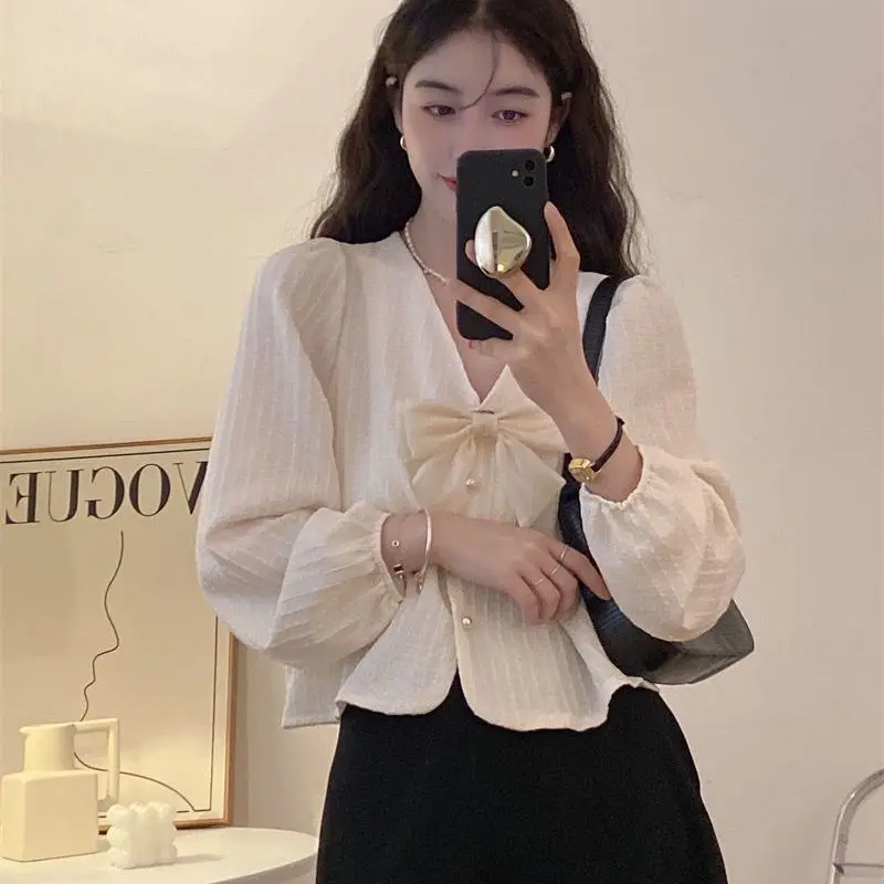 French Style Shirts Women V-neck Bow Long Sleeve Loose Solid Sweet Clothing Spring Autumn Design Casual Commuting Fashion New