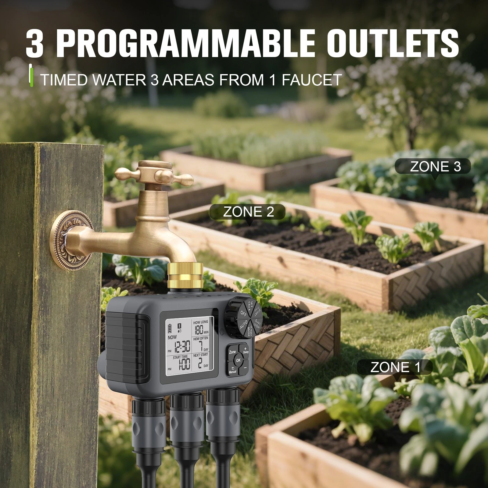 Three-way large-screen automatic flower watering device Garden two-way timed irrigator Metal connector