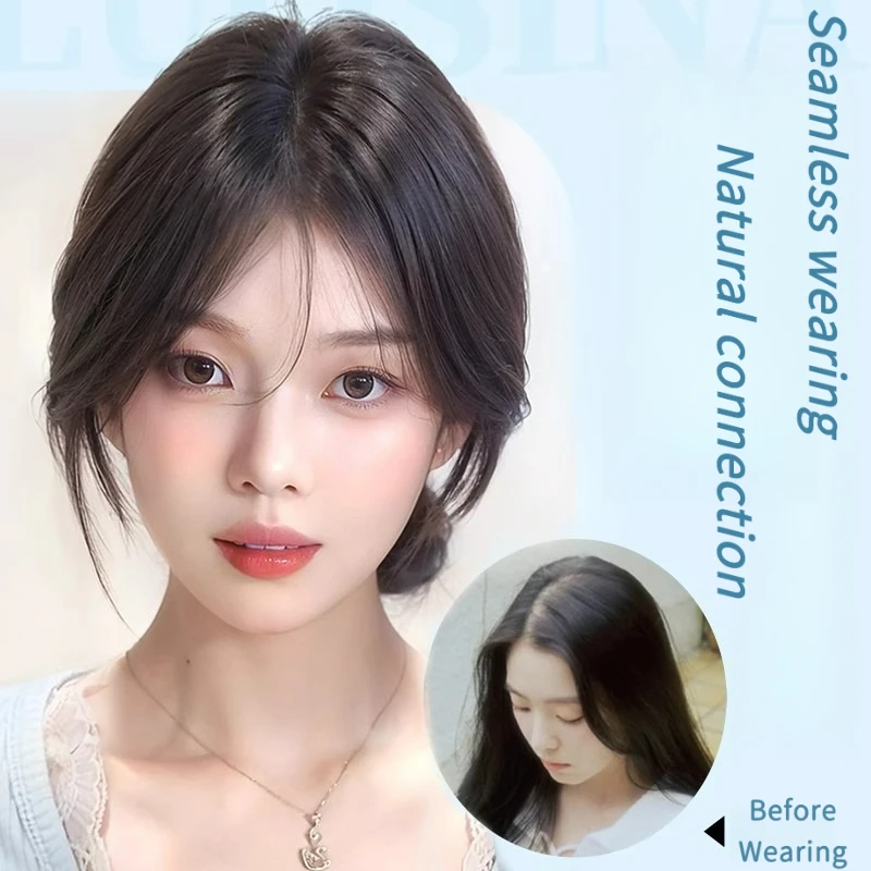 100% Remy Human Hair Air Bangs With Middle Part Traceless Easy Clips in Bangs With Invisible T-Shaped Forehead Fringe Inner Mesh