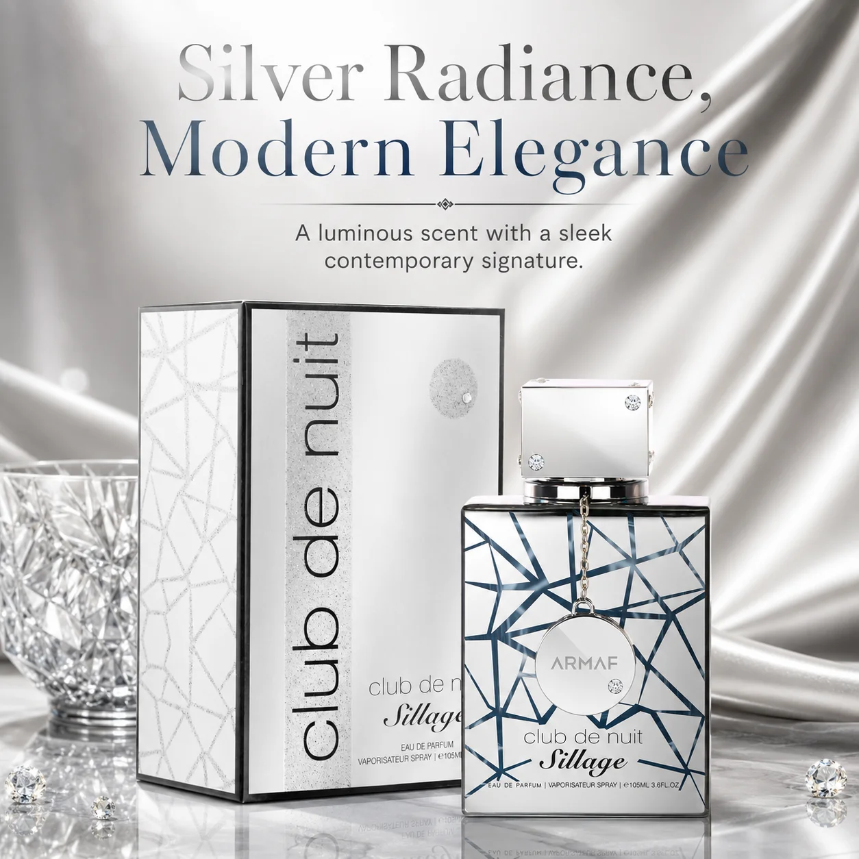 Club De Nuit Sillage Unisex Eau De Parfum Transparent Square Bottle Dark Blue Geometric Crack Pattern Crystal Inlaid Silver Cube Cap Hanging Silver Round Medallion Pendant Clean Fresh Woody Fragrance Long Lasting White Silver Geometric Matching Gift Box F view 4