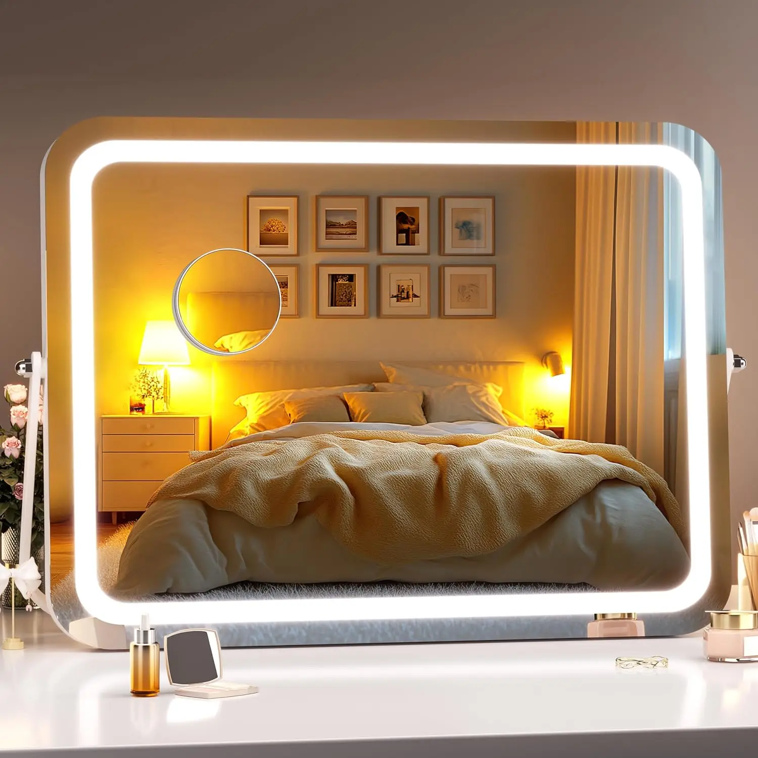 

18" x 14" LED Makeup Mirror with 3 Light Modes, Touch Control, Dimmable, 360° Rotation, White Frame & 5X Magnifier