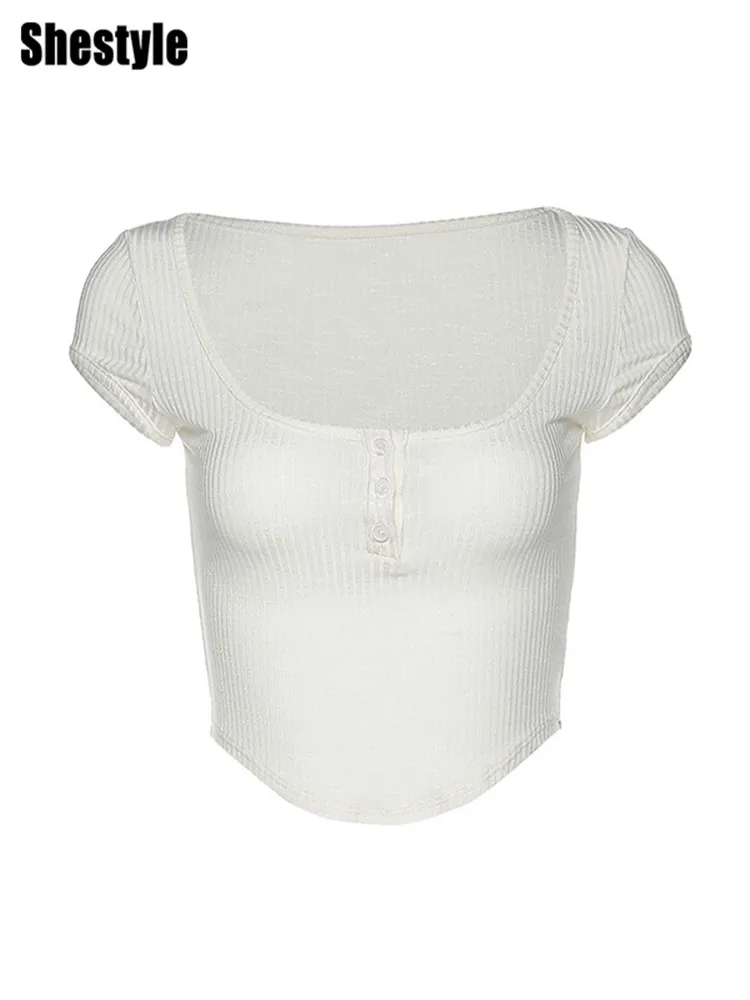 Shestyle Square Neck White Rib-Knitted Crop Tops Women Button Up Short Sleeve T-Shirts Texture Asymmetrical Low Cut Transparent