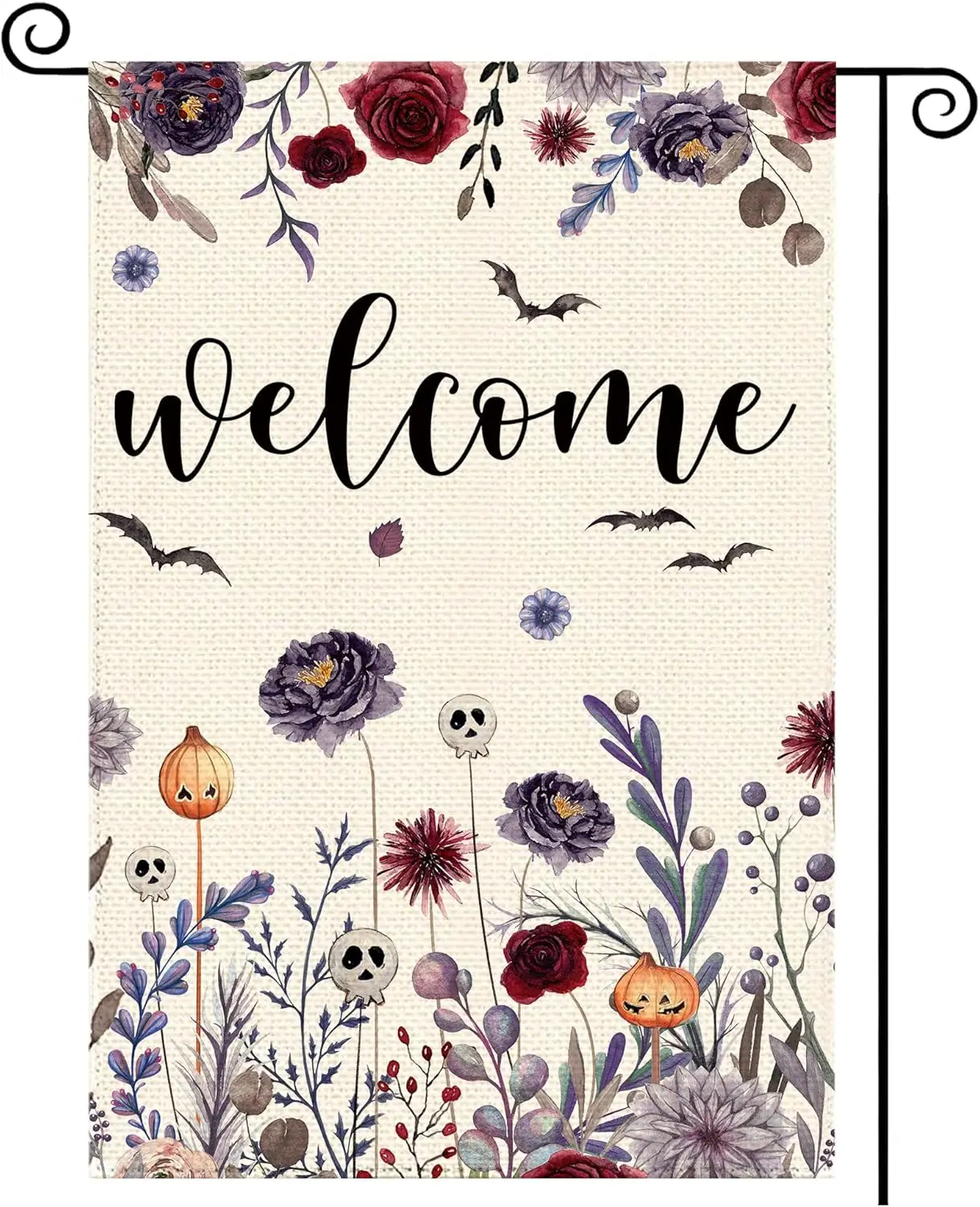 Tikeciti Halloween Purple Floral Welcome Garden Flag 12 x 18 Inch Double Sided, Wine Burgundy Flower Burlap Small Yard Flag  WZZ