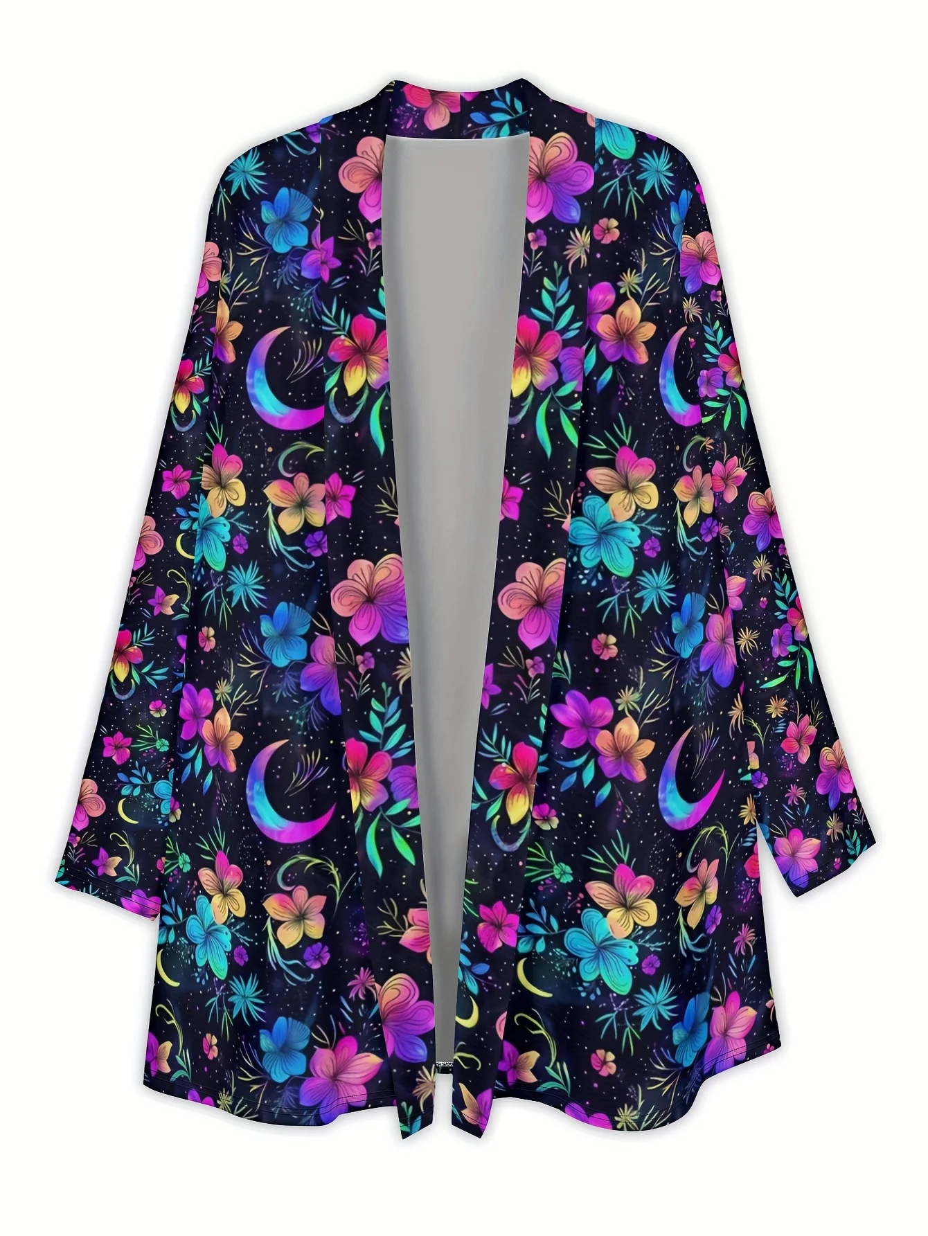 패션 여성용 3D 프린트 네온 꽃 긴 소매 카디건, 폴리에스테르 오픈 프론트, 경량 커버업, 봄 가을 캐주얼 코트