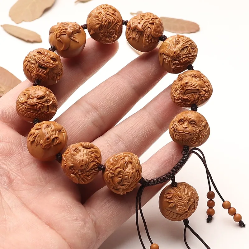 Olive carving relief handmade realistic zodiac guardian god iron pit handpiece collectible bracelet