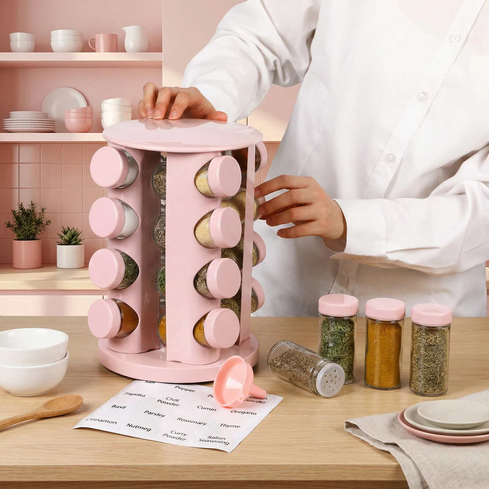 

Pink Rotating Spice Rack Seasoning Organizer with 16 Empty Jars, Spice Containers Set with Labels and Funnel, Revolving Seasoning Rack for Kitchen Accessories (Stainless Steel, Glass)