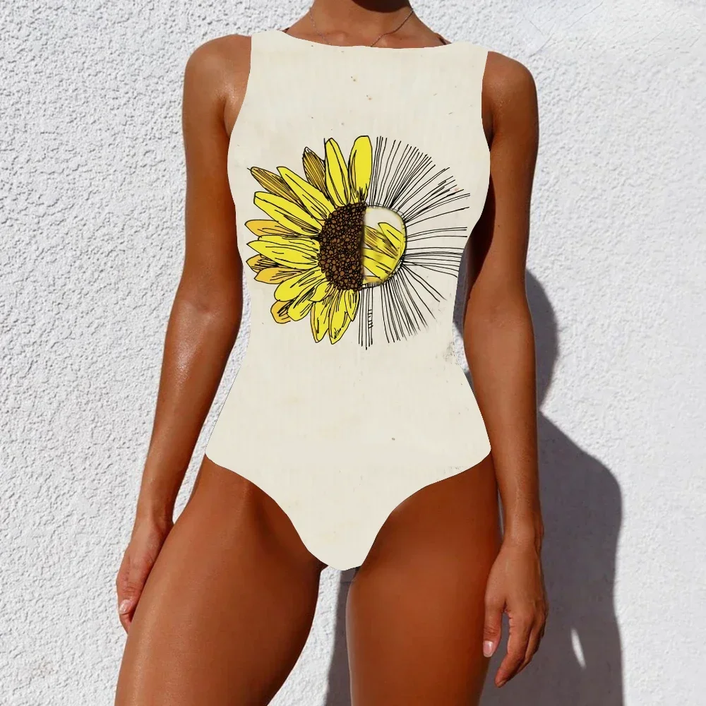 One Piece Swimwear Swimsuit Chrysanthemum Flower Pattern Printed Casual Beach Swimming Bathing Sportswear Women Clothing