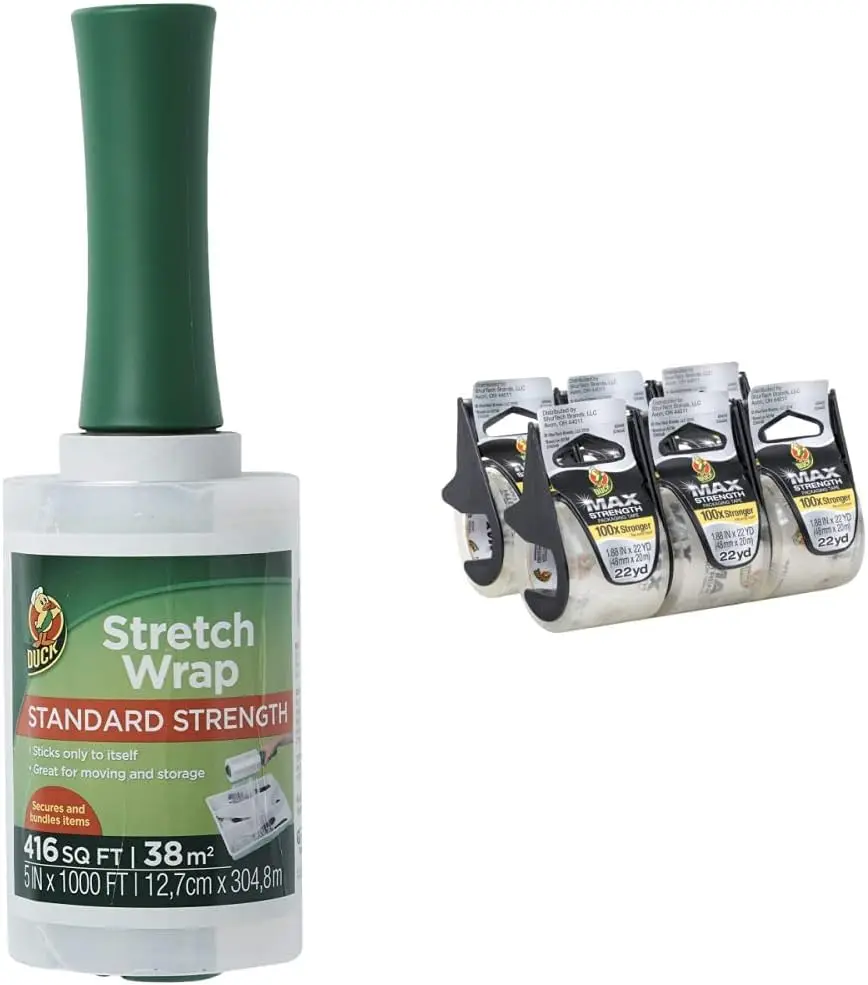 

Brand Stretch Wrap Roll, Clear, 5 inches by 1000 feet, 1 Pack, 285849, White w/MAX Strength Packing Tape with Dispenser,