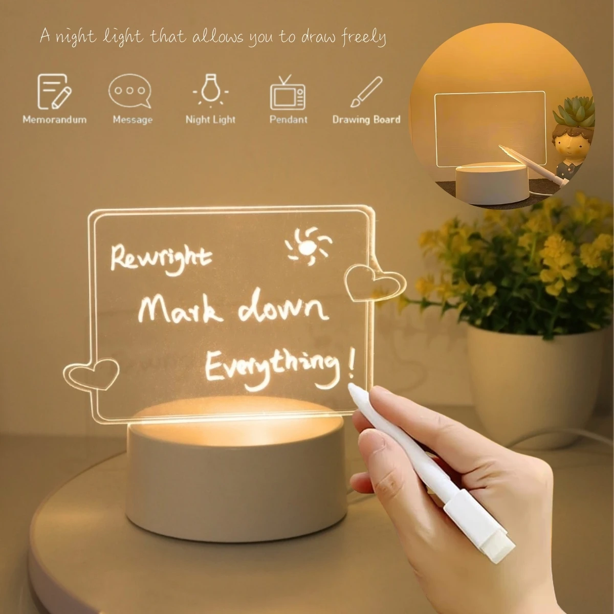 

Creative 3D Night Light Erasable Love Night Light with Pen USB Message Night Light Birthday Gift Bedroom Living Room Study Room
