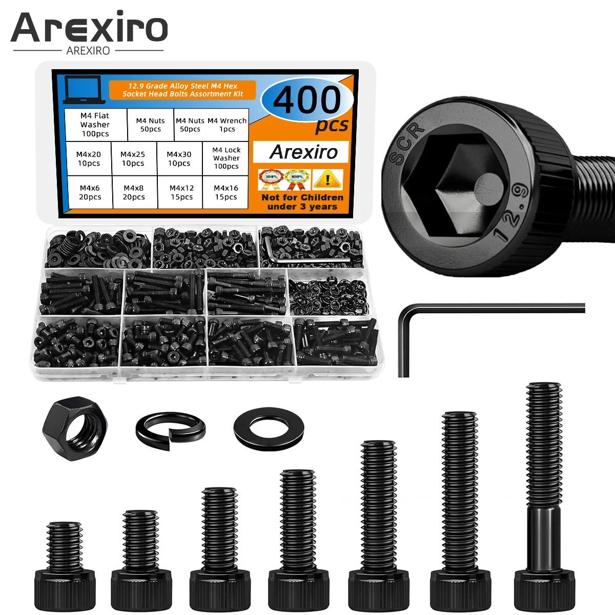 

400PCS Grade 12.9 Alloy Steel M4x6/8/12/16/20/30mm Hexagonal Socket Head Bolt, Nut and Washer Set Suitable for 3D Printers DIY