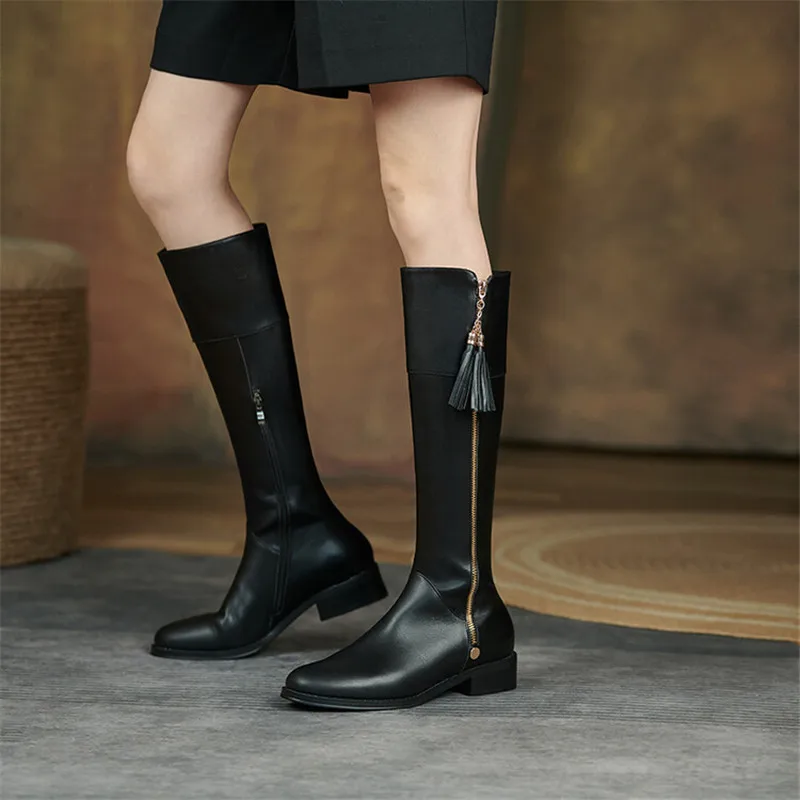 Knee-High Boots Women Autumn Winter Shoes Split Leather Round Toe Women Boot Chunky Heel Boots for Women High Boots Tassel Boots