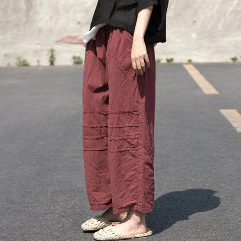 

Высококачественные хлопковые и льняные повседневные брюки, женские новые весенние 2022, винтажный стиль, однотонные свободные женские брюки до щиколотки M1532